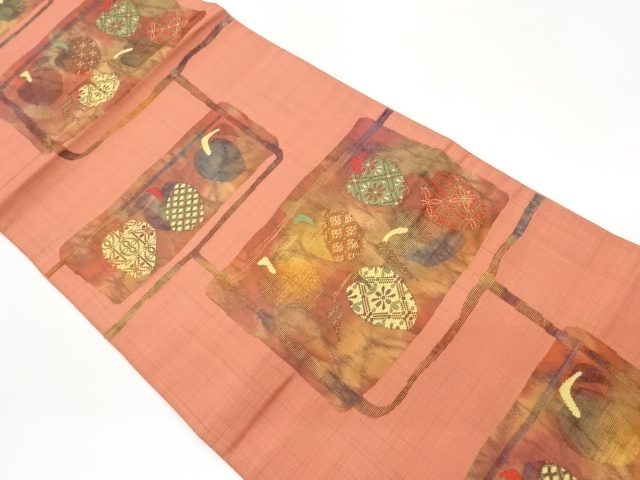 抽象林檎に花菱模様織出し開き名古屋帯（額縁仕立て）